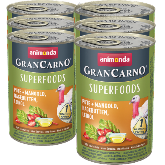 Animonda PIES GranCarno Superfoods Adult ZESTAW 6x400g – Indyk + bowina/róża/olej lniany